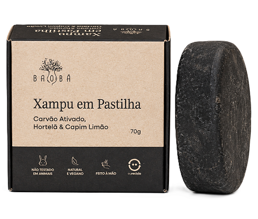 Baobá Xampu em Pastilha Cabelos Oleosos com Carvão Ativado e Hortelã 70g