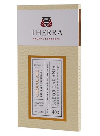 Therra Chocolate Branco Gourmet 40% Sabor Laranja com Passas e Castanha de Caju 80g