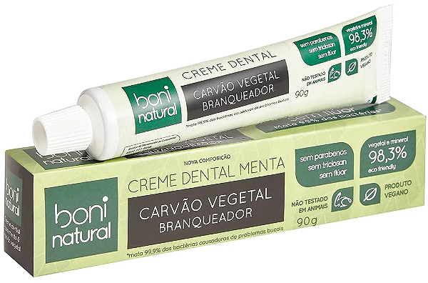 Boni Natural Creme Dental Menta e Carvão Vegetal Branqueador 90g