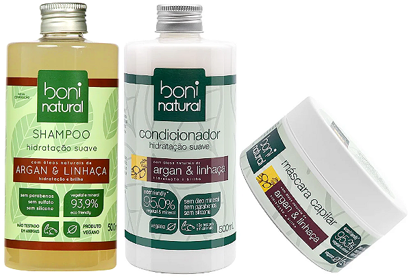 Boni Natural Kit Capilar Argan e Linhaça - Shampoo + Condicionador + Máscara