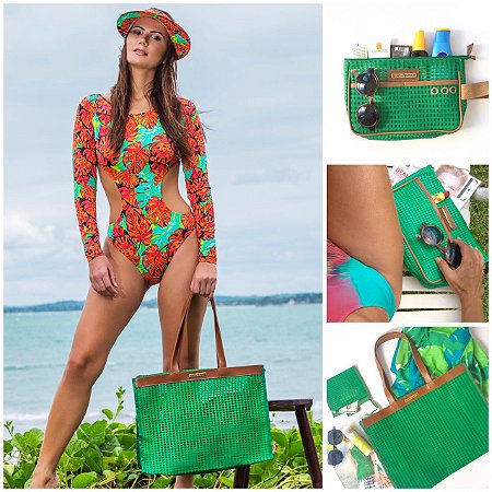 Kit bolsa de praia em tela verde horizontal e Necessaire em tela