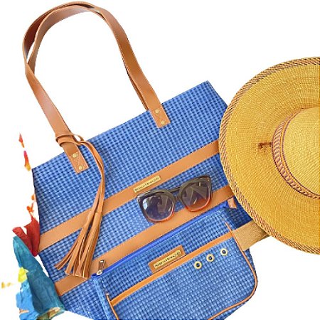 Kit Bolsa de Praia  Barca e Necessaire em Tela Azul