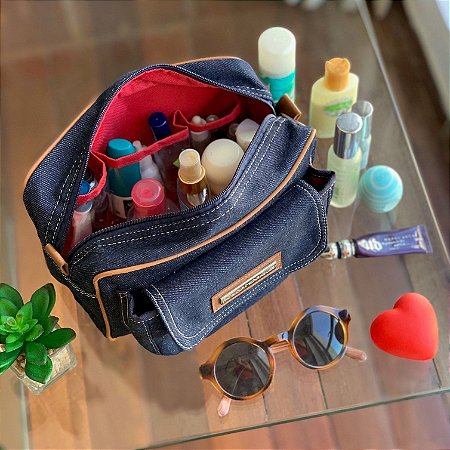 Necessaire de viagem jeans multibolsos