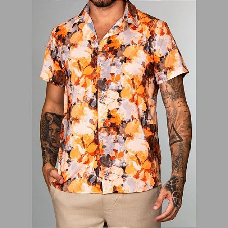 Camisa Casual Red Feather Orange Abstract Flowers