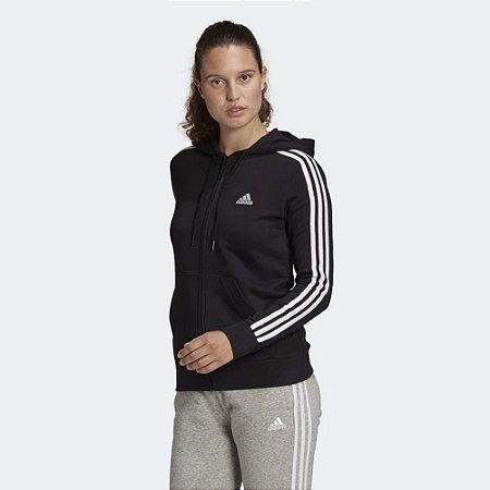 Jaqueta Adidas Moletom Capuz Zíper Essentials 3 Listras Feminina