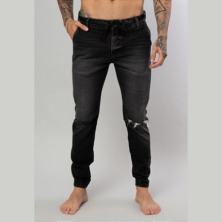 Calça Red Feather Jogger Jeans UltraConfort Black Rips