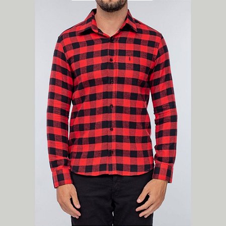 camisa xadrez lumberjack de flanela vermelho com preto - Camisologia