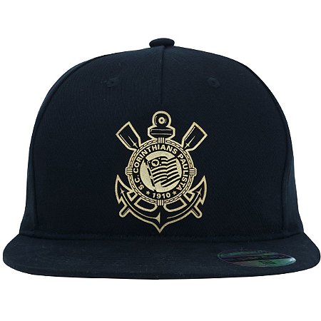 Boné Corinthians Aba Reta Logo Dourado Masculino Preto