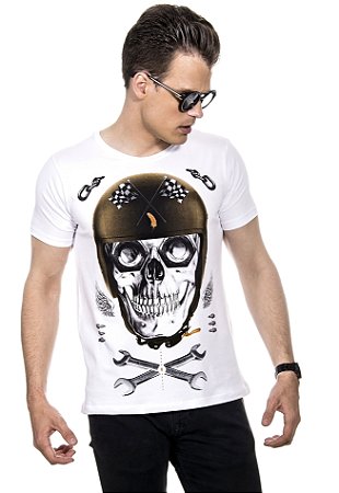 CAMISETA MASCULINA CAVEIRA BIKERS RED FEATHER