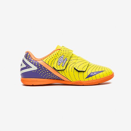 Chuteira Futsal Umbro Flip Kids Infantil Amarela Lilás
