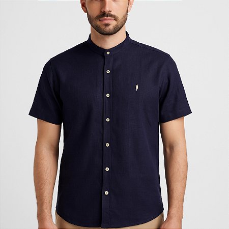 Camisa Red Feather Gola Padre MC Linho Azul Marinho