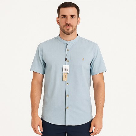 Camisa Red Feather Gola Padre MC Linho Azul Maresias
