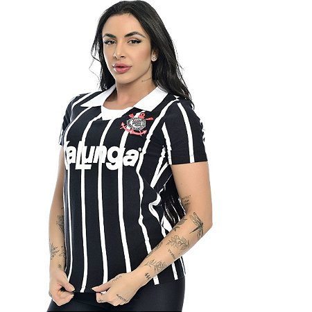 Camisa Polo Retrô Corinthians Kalunga Feminina Preto