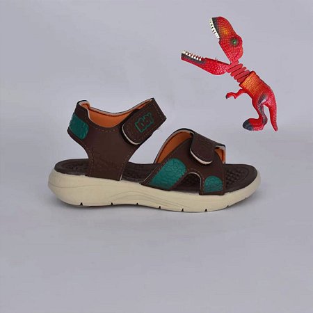 Sandália Kidy Fly Dinossauros Baby Marrom Verde + Brinquedo