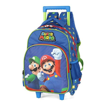 Mochila de Rodas Infantil De Rodinhas Mario Bros Azul