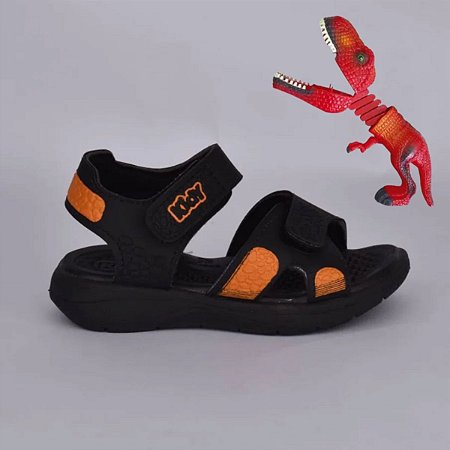 Sandália Kidy Fly Dinossauros Baby Preto Laranja + Brinquedo