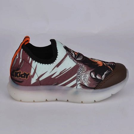 Tênis Kidy Flex Light Pisca Pisca Dinossauro Marrom Laranja