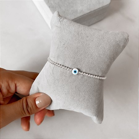 Pulseira silicone bolinhas 2.4 com olho grego madrepérola