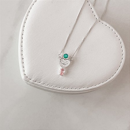 Colar coração Espírito Santo com zircônias acqua e rosa 19mm 45cm v12