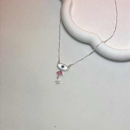 Gargantilha Olho Grego em Madrepérola com Rubi Rose e Estrela
