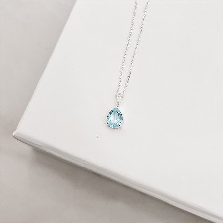Colar pingente zircônia gota azul 10x8mm elo cravejado  45cm