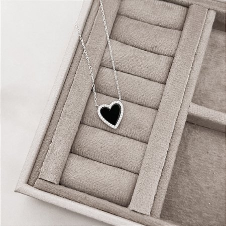 Colar coração pedra ônix com cravejado 13mm corrente cadeado 45+5cm