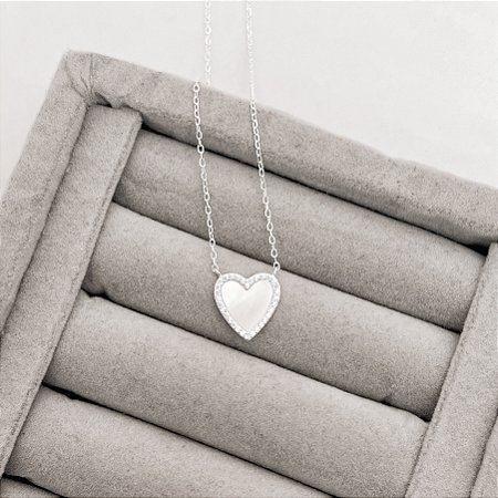 Colar coração madrepérola com cravejado 13mm corrente cadeado 45+5cm