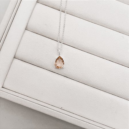 Colar pingente zircônia gota rosê 10x8mm elo cravejado  45cm