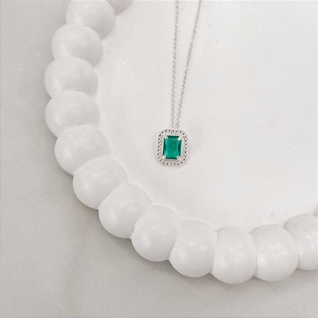 Colar zircônia retangular acqua com cravejado 13mm corrente cadeadinho 45cm