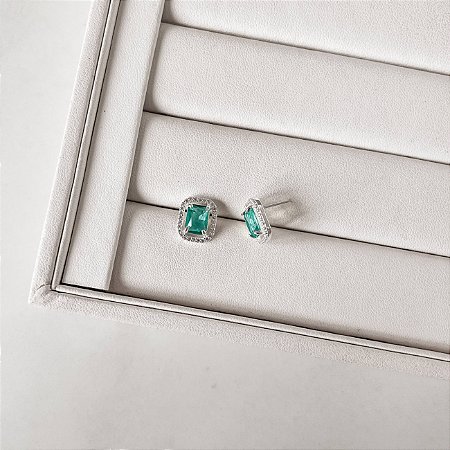 Brinco zircônia retangular acqua com cravejado 13mm