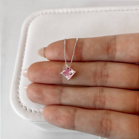 Colar zircônia losango rosa 10mm 45cm