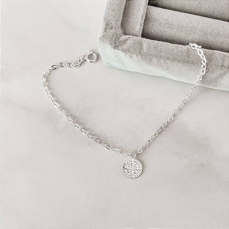 Pulseira pingente medalha São Bento corrente cadeado