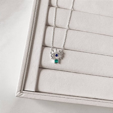 Colar olho com zircônias azul e acqua 17mm corrente cadeado 40cm com alongadora