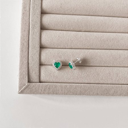 Brinco zircônia coração verde fusion com cravejado 9mm