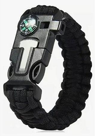 Pulseira De Sobrevivência Paracord Bússola Apito Pederneira