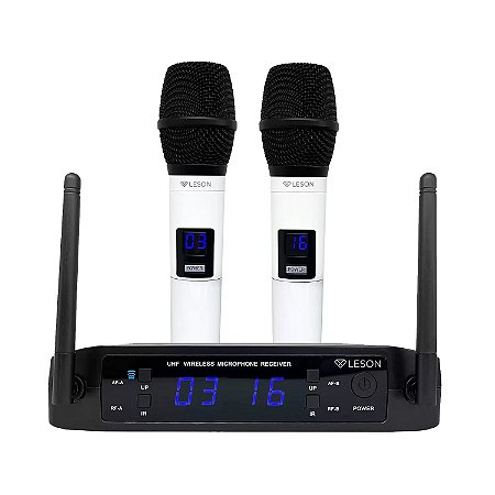 Microfone sem Fio LESON LS916 Duplo Mão UHF Branco Multi-frequêncial