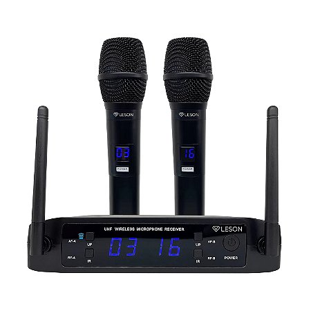 Microfone sem Fio LESON LS916 Duplo Mão UHF Preto Multi-frequêncial com Bateria Recarregavél