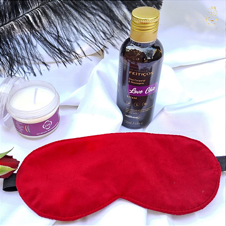 kit de massagem com oleo afrodisiaco, vela que nao queima e venda aveludada