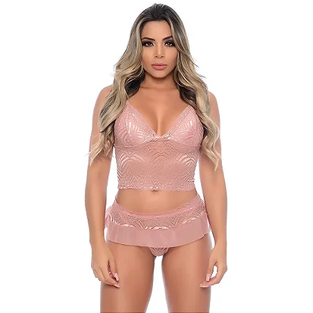 Conjunto Cropped com Sainha em Renda e Tule TAMANHO P
