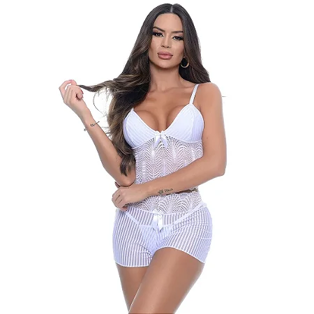 Baby Doll Listrado com Renda 3 peças TAMANHO G