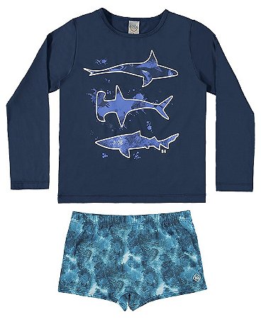 CONJUNTO TUBARÕES CAMISETA POLIAMIDA + SUNGA PROTEÇÃO UV50+