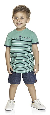 CONJUNTO CAMISETA MEIA MALHA/BERMUDA MOLETINHO JEANS - COQUEIRO VERDE
