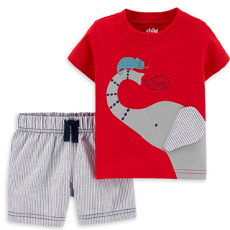 Kit 2 Peças com Camiseta Vermelha Elefantinho