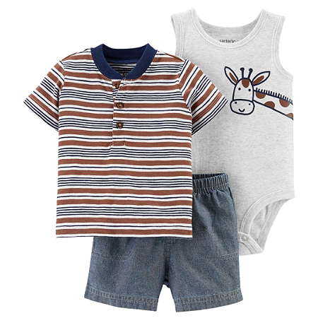 Trio com Regata e Camisa Polo Listrada Girafinha