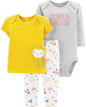 Kit Com 3 Peças Camiseta Calça e Body Manga Longa Corujinha