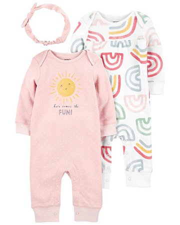 Kit 2 Macacões Arco Iris e Faixinha de Cabelo