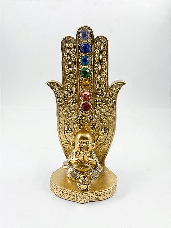Incensário Buda Hamsá Dourado com Chakras
