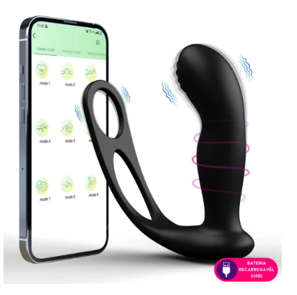 Vibrador de Próstata Vai e Vem por Aplicativo - 9 Modos de Vibração e Anel Peniano