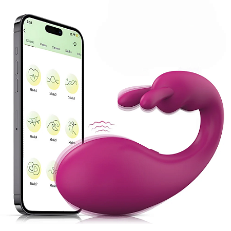 Vibrador Duplo Com App Ponto G com Estimulador Clitoriano em Forma de Coelhinho