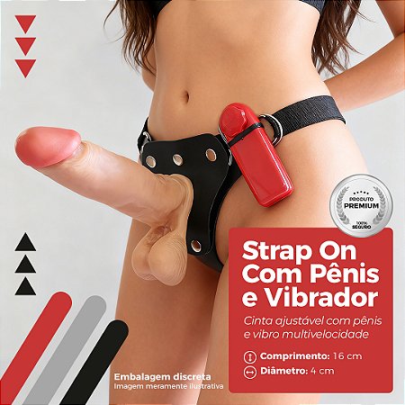 Cinta Peniana de Couro Ajustável com Pênis Vibratório 16x4cm Com Escroto Bege - Strap On